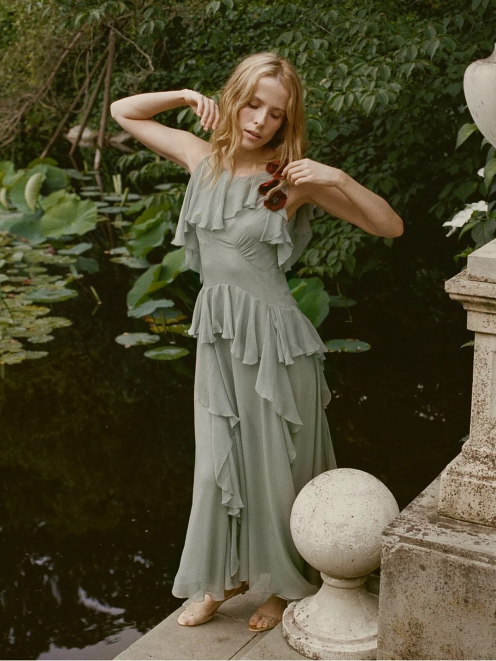 Doen Sage Green Ruffled Tiered Maxi Dress